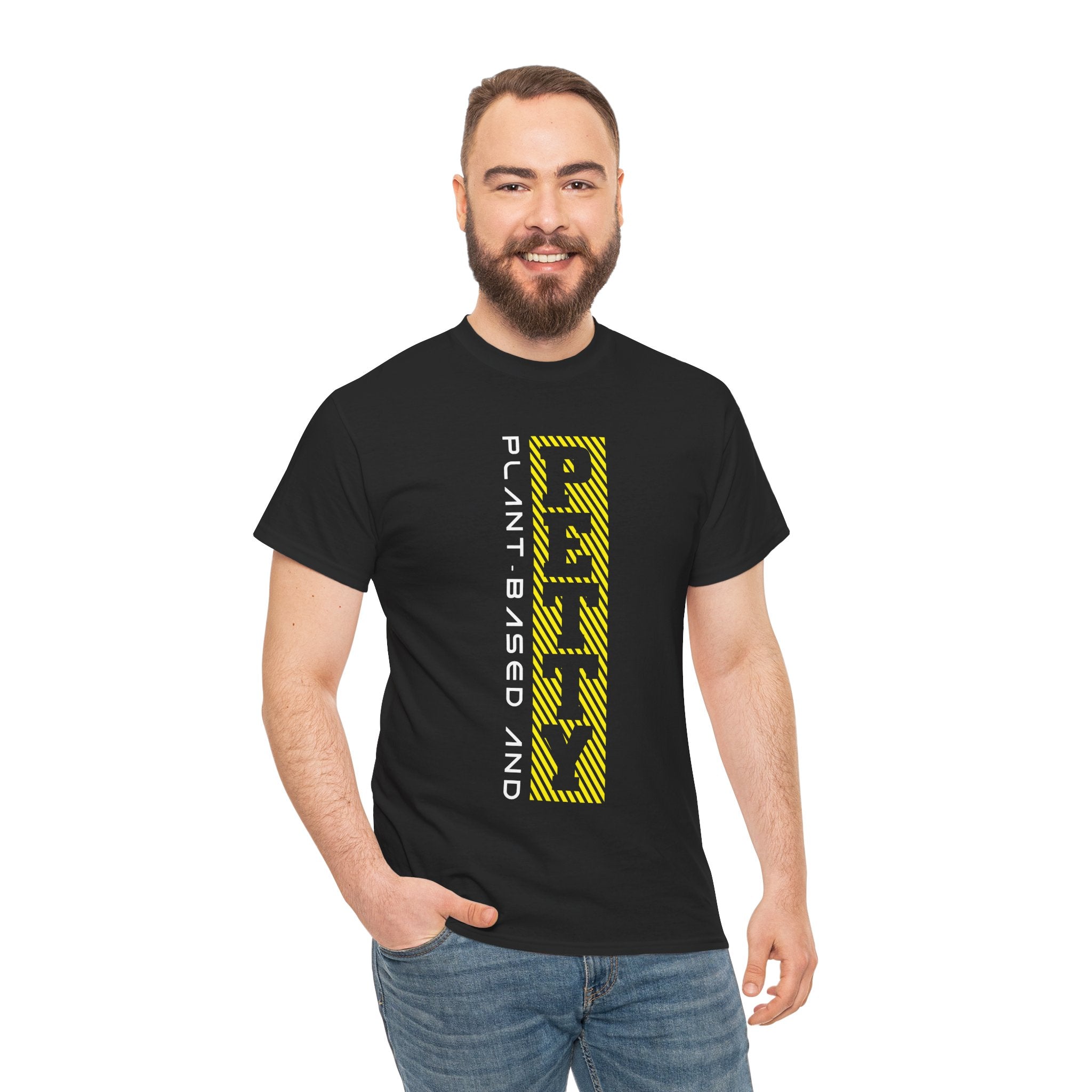 Plant-Based Vertical Graphic Tee — 'Plant Based And Petty' Yellow Stripe Design