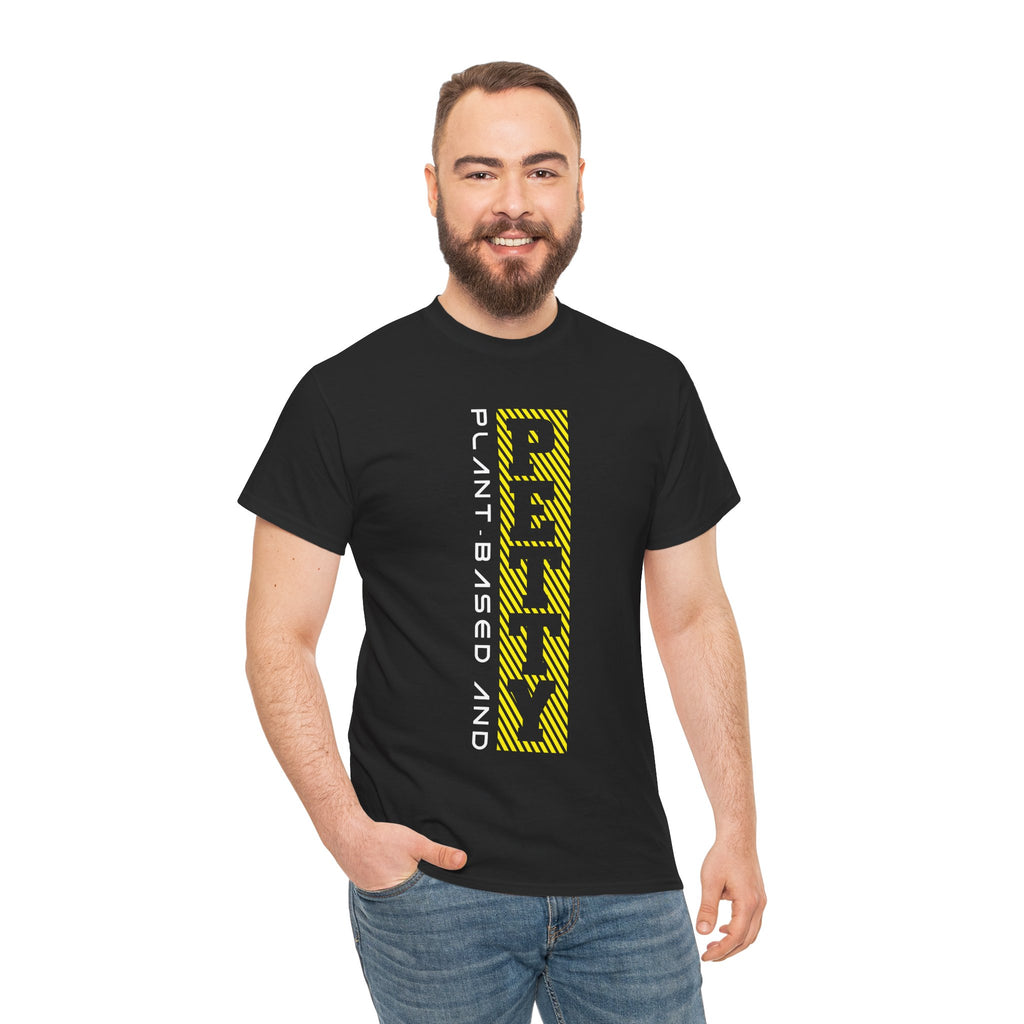 Plant-Based Vertical Graphic Tee — 'Plant Based And Petty' Yellow Stripe Design