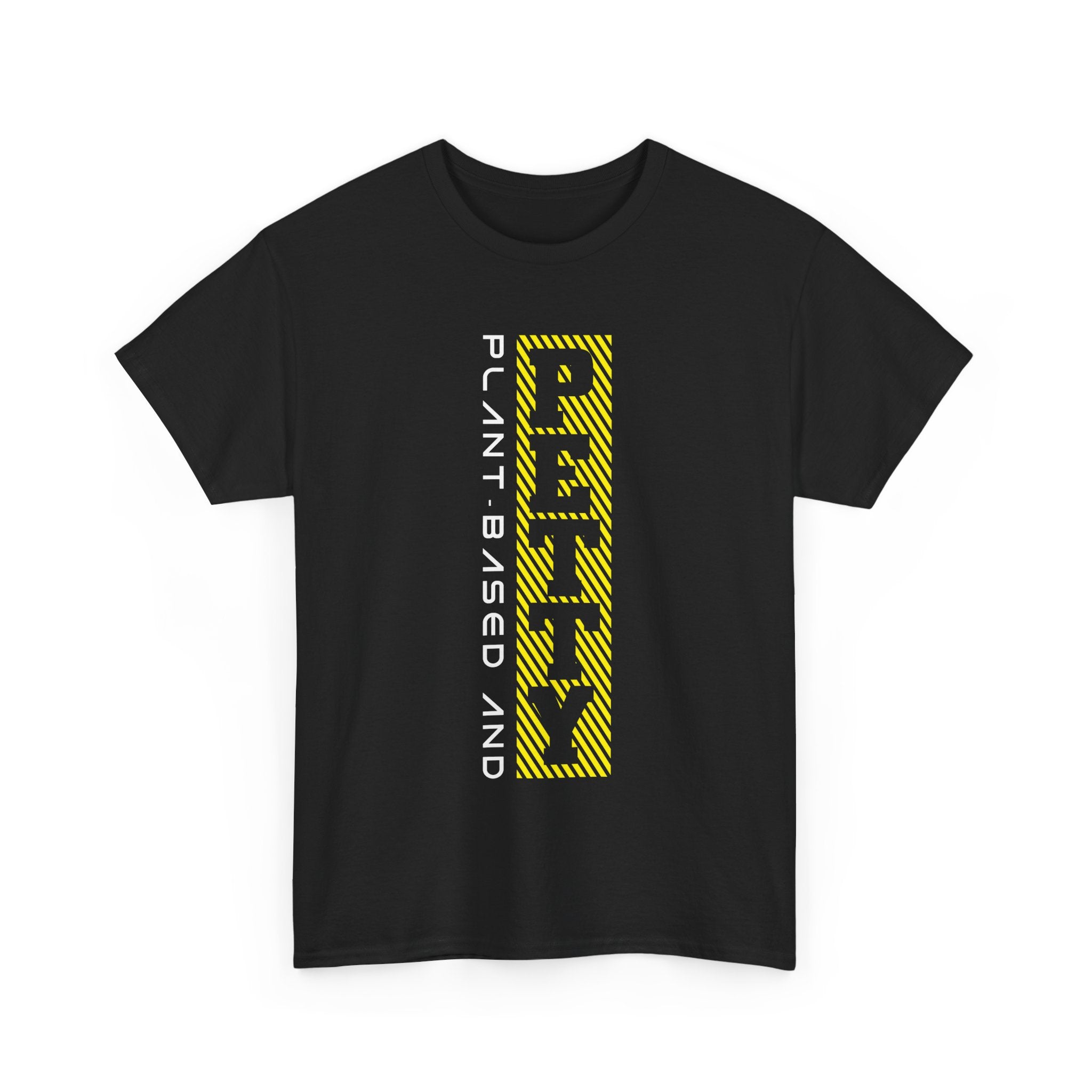 Plant-Based Vertical Graphic Tee — 'Plant Based And Petty' Yellow Stripe Design
