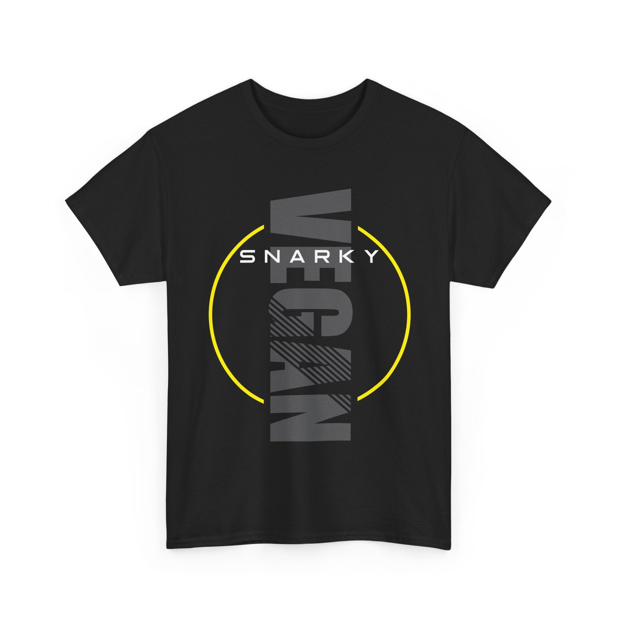 Snarky Vegan Vertical Text Tee – Modern, Yellow Circle