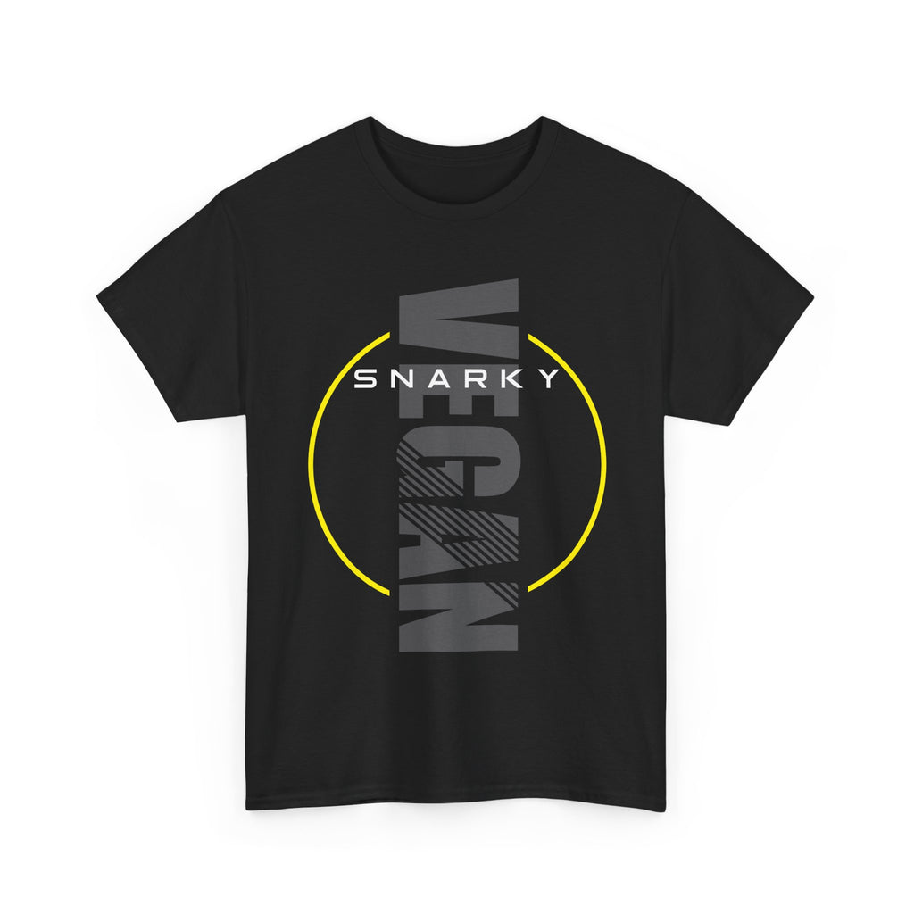 Snarky Vegan Vertical Text Tee – Modern, Yellow Circle