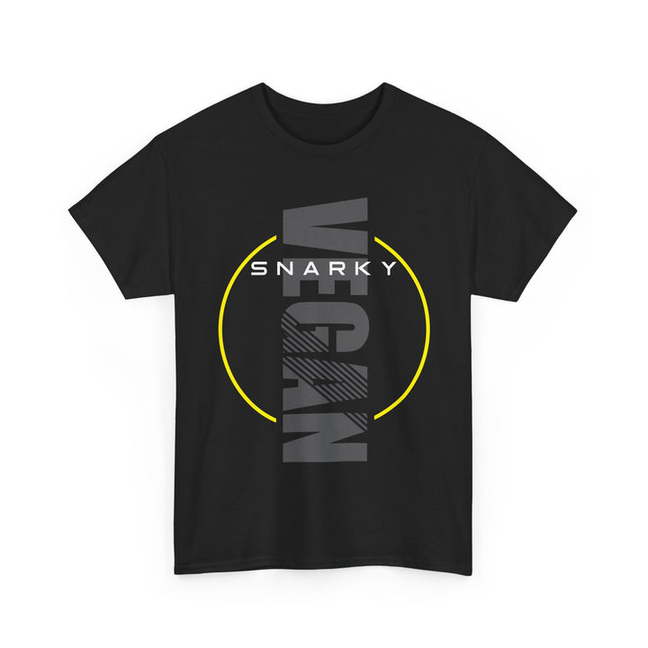 Snarky Vegan Vertical Text Tee – Modern, Yellow Circle