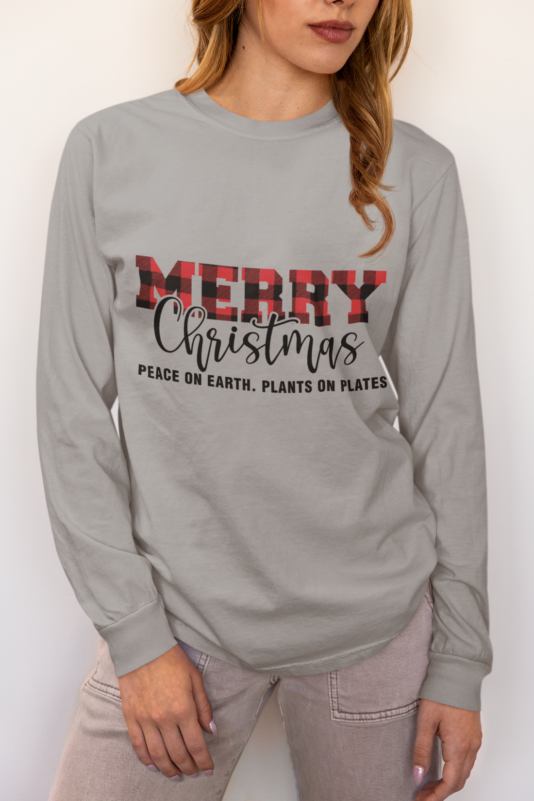 Christmas Long Sleeve Tee – “Merry Christmas” Plaid Script, Peace on Earth, Plants on Plate Holiday Shirt