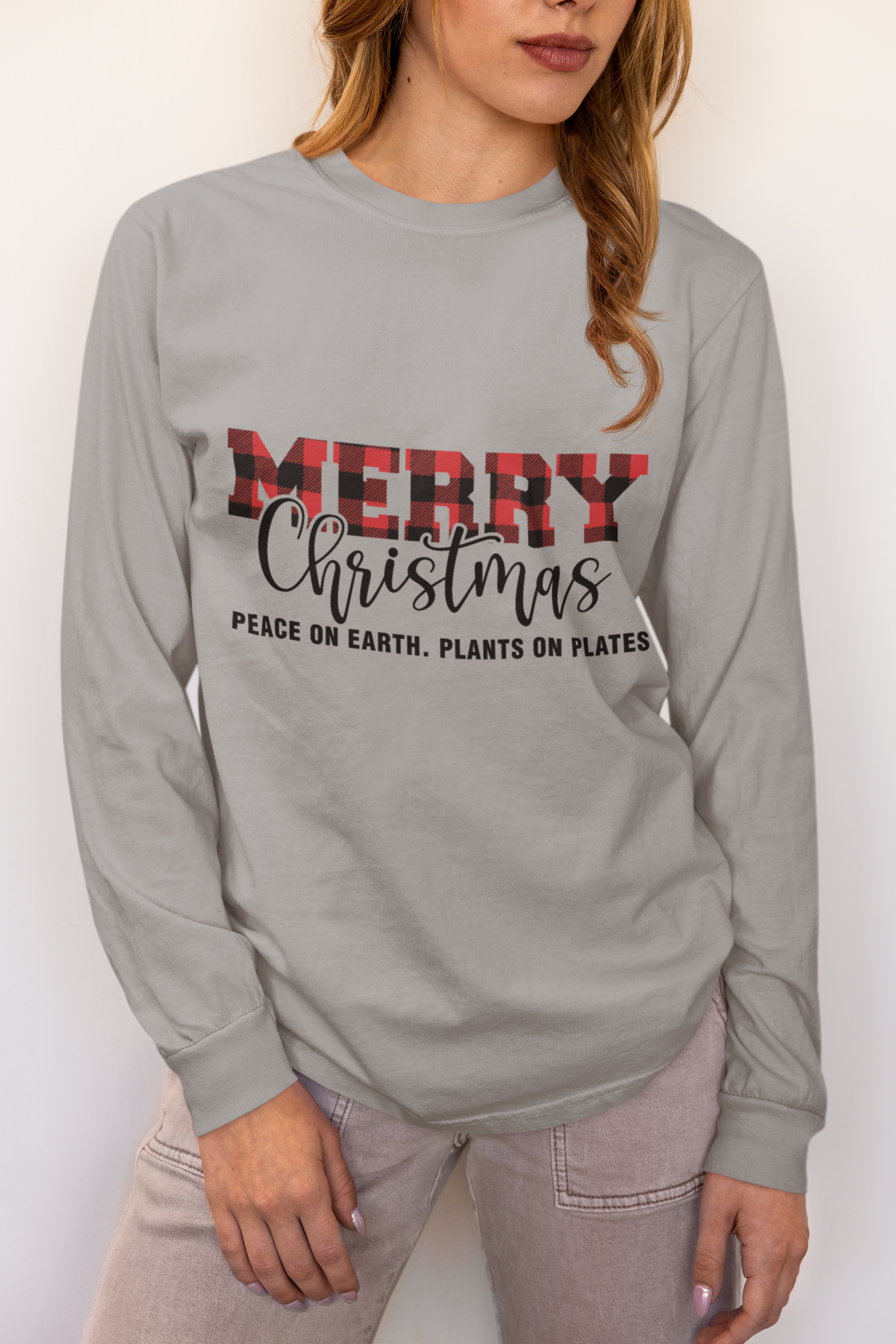 Christmas Long Sleeve Tee – “Merry Christmas” Plaid Script, Peace on Earth, Plants on Plate Holiday Shirt