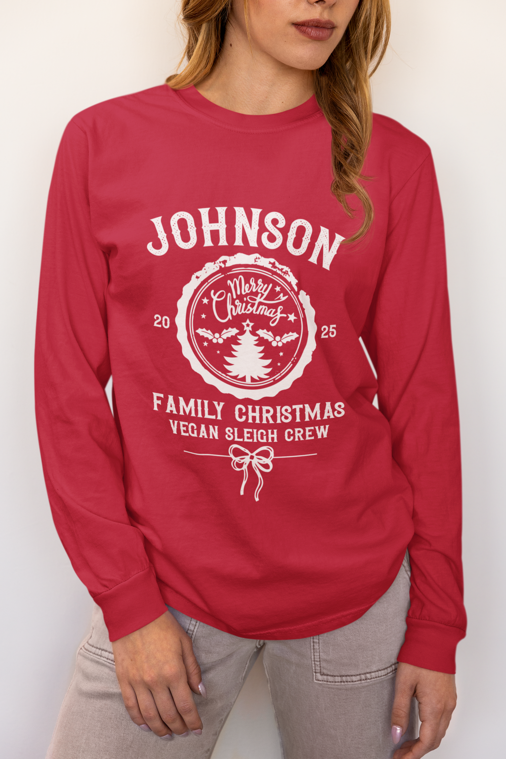 Personalized Family Christmas Long Sleeve Tee — "Johnson Family Christmas Vegan Sleigh Crew"