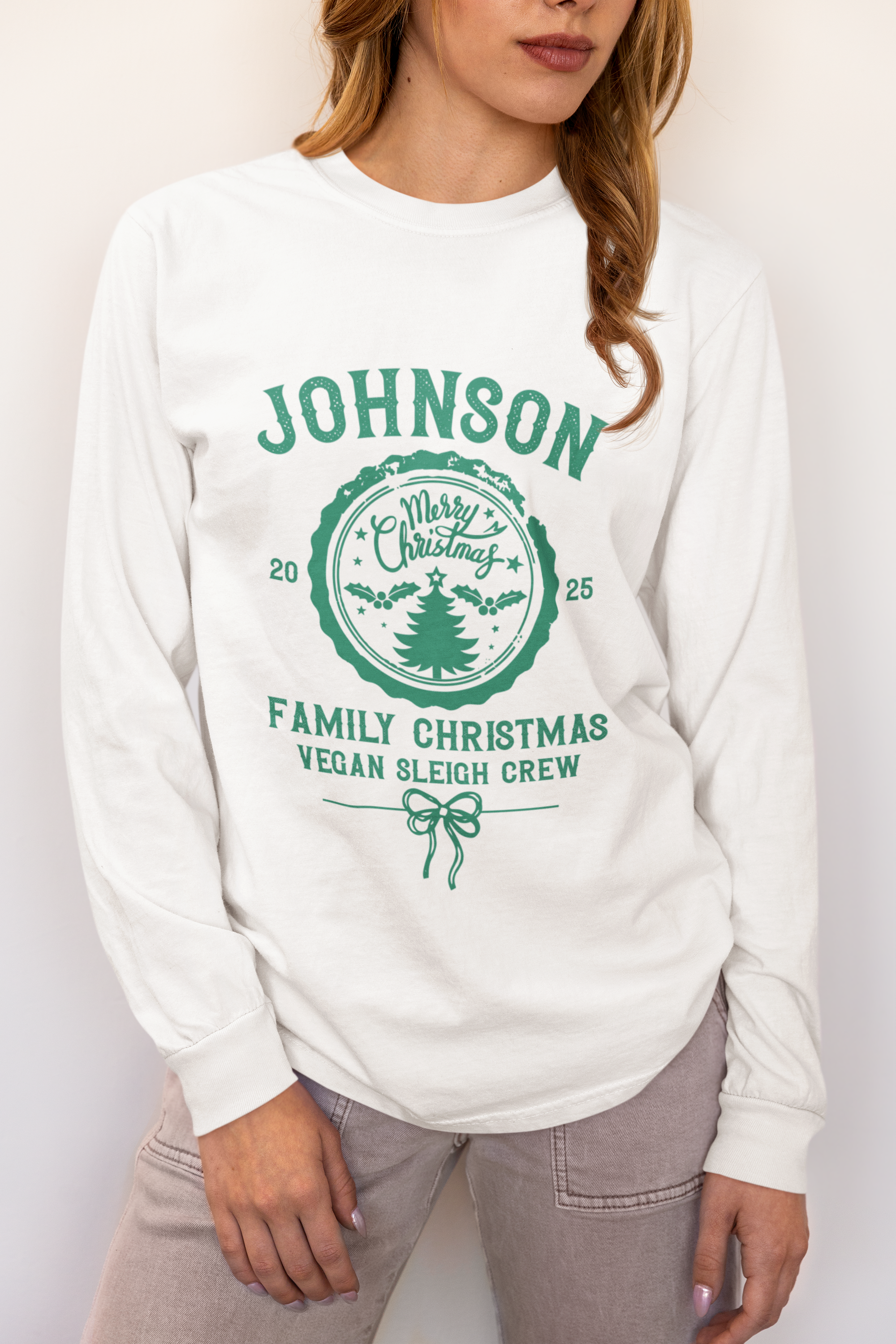 Personalized 'Johnson Family Christmas Vegan Sleigh Crew' Long Sleeve Tee — Vintage Tree Holiday Shirt