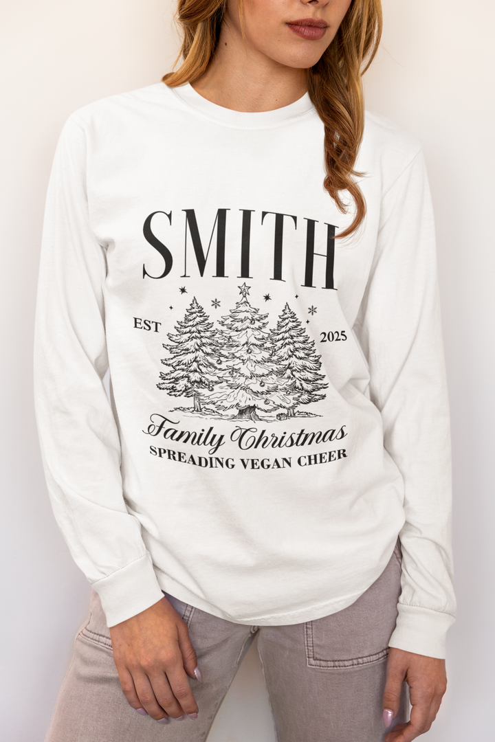 Personalized Family Christmas Long Sleeve Tee — 'Smith Family , Spread Vegan Cheer' Holiday Tree Design