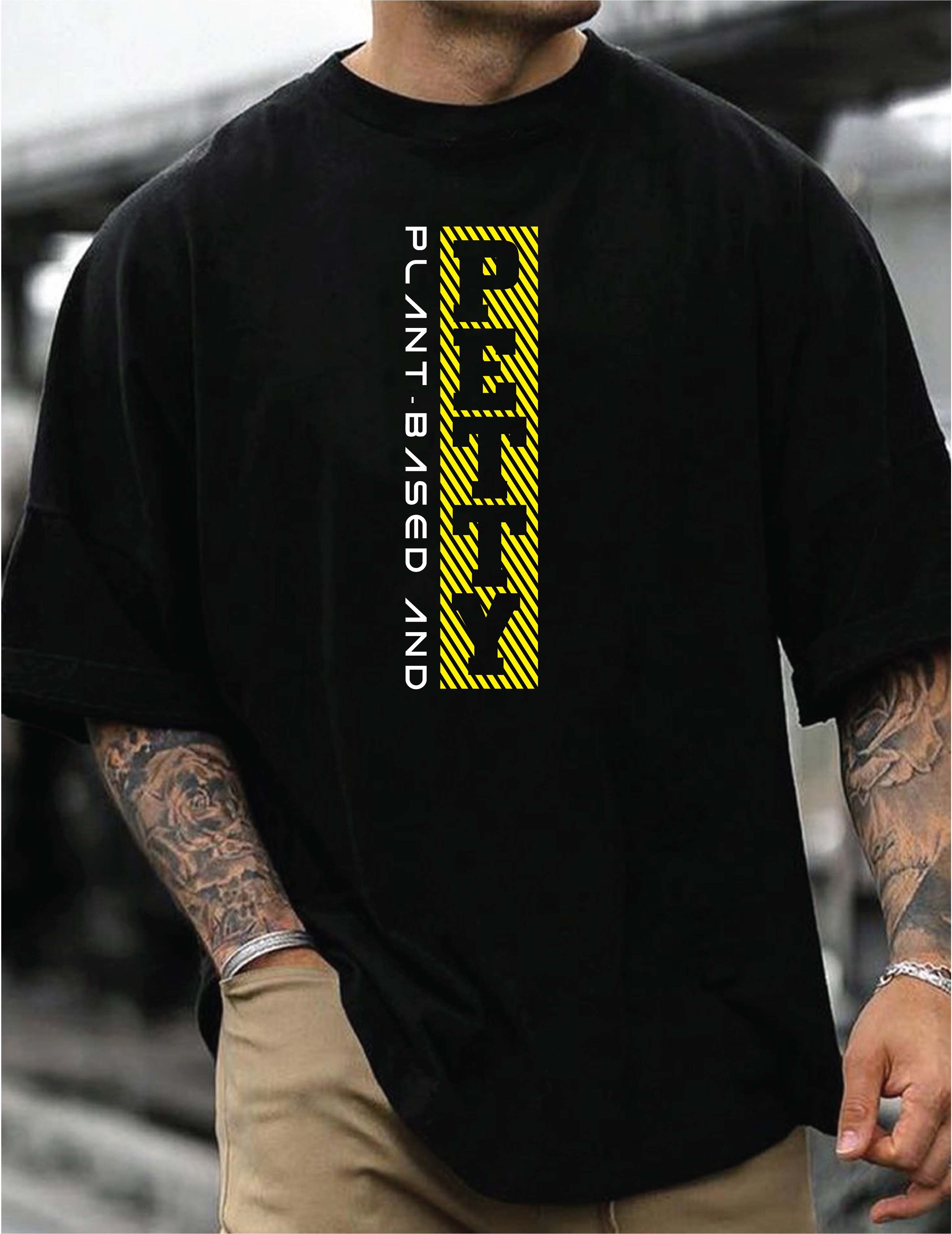 Plant-Based Vertical Graphic Tee — 'Plant Based And Petty' Yellow Stripe Design