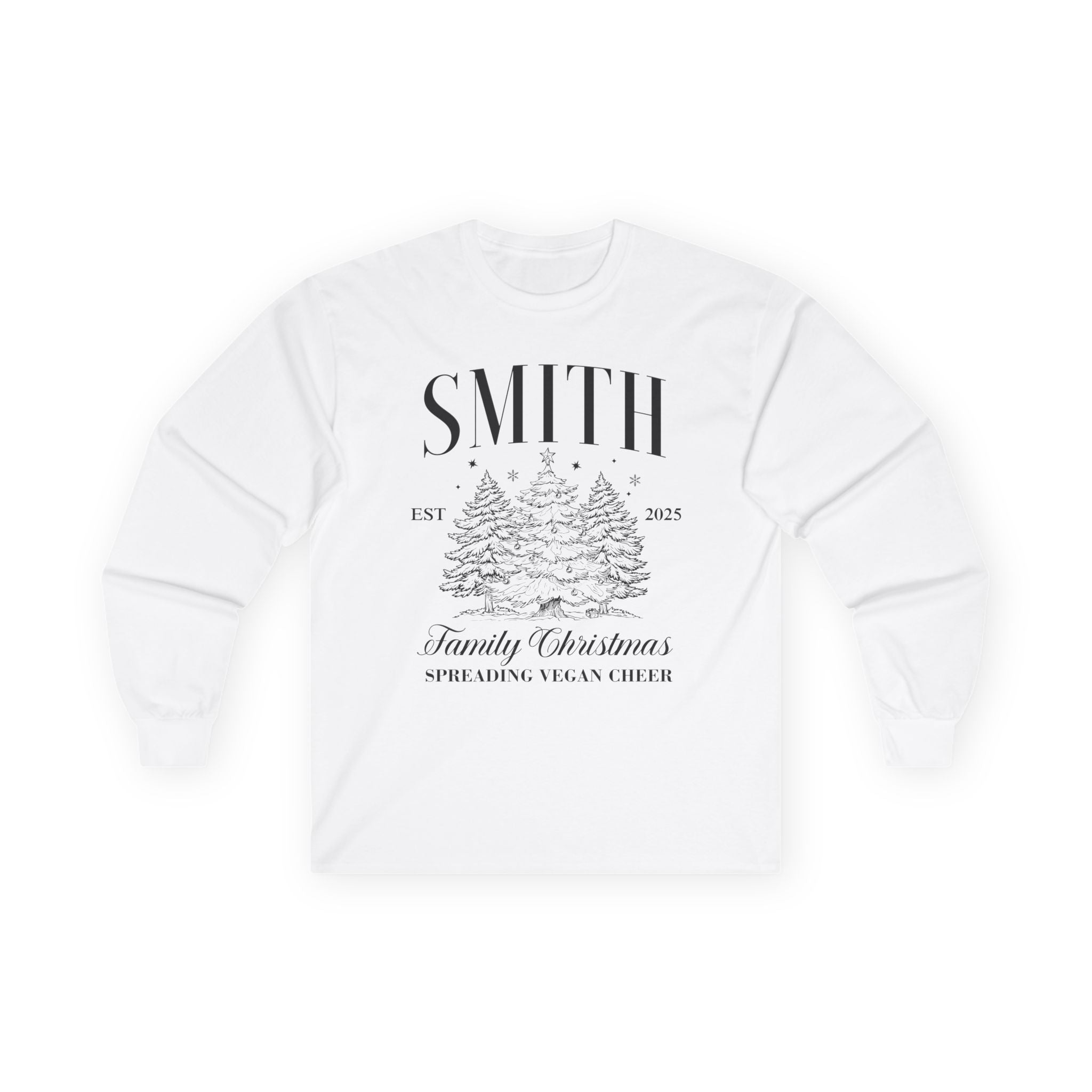 Personalized Family Christmas Long Sleeve Tee — 'Smith Family , Spread Vegan Cheer' Holiday Tree Design