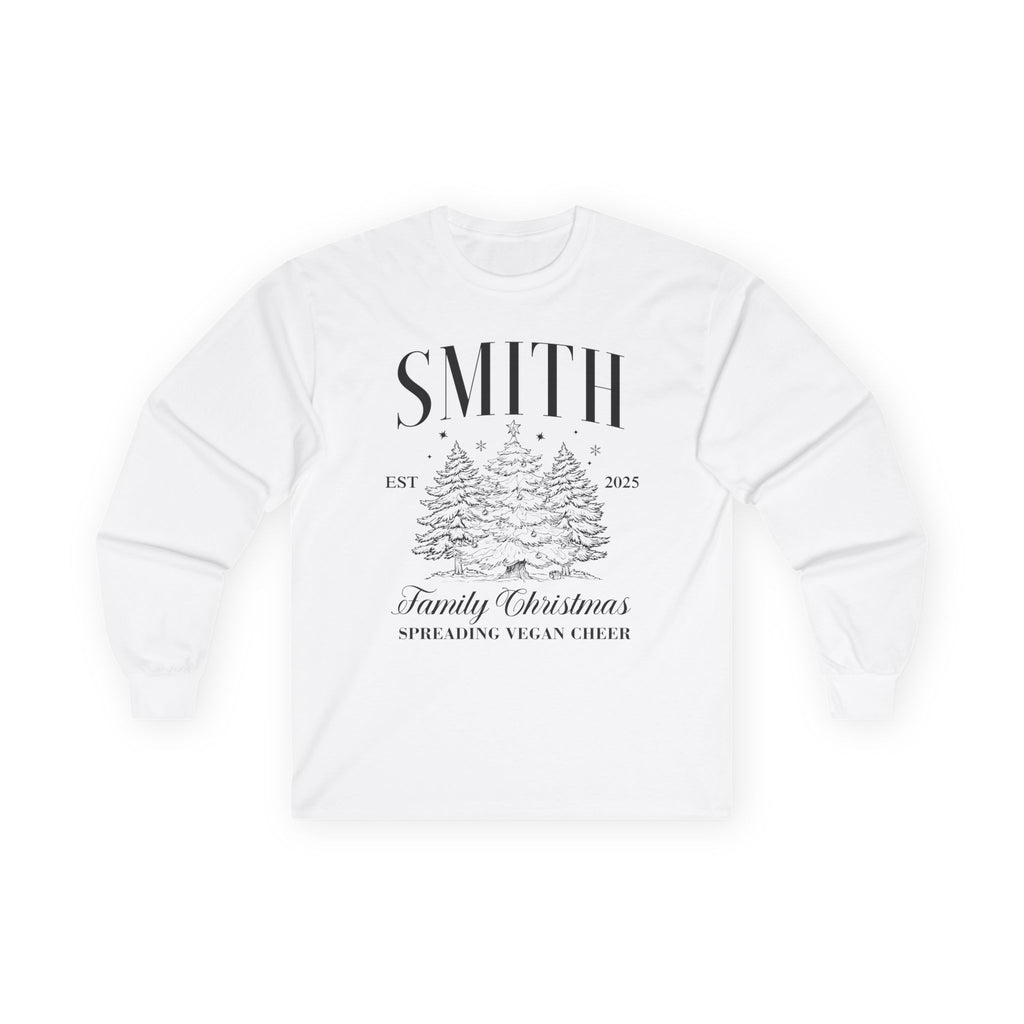 Personalized Family Christmas Long Sleeve Tee — 'Smith Family , Spread Vegan Cheer' Holiday Tree Design