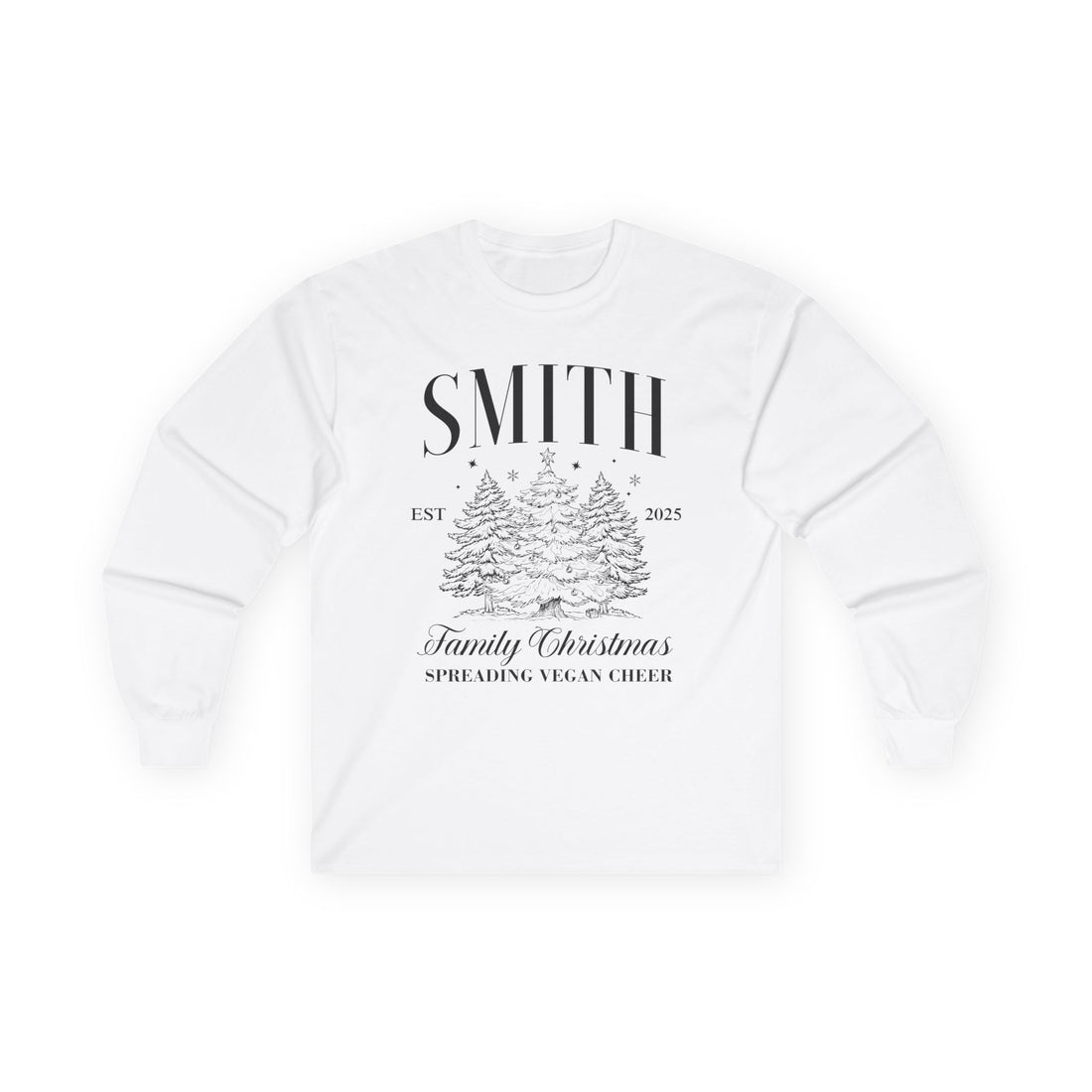 Personalized Family Christmas Long Sleeve Tee — 'Smith Family , Spread Vegan Cheer' Holiday Tree Design