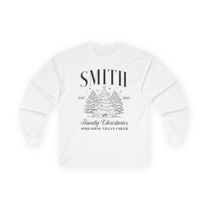 Personalized Family Christmas Long Sleeve Tee — 'Smith Family , Spread Vegan Cheer' Holiday Tree Design