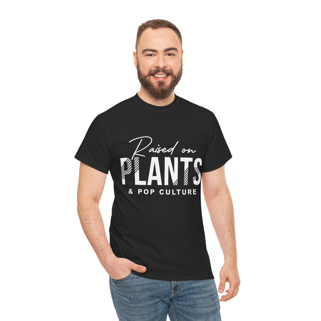 Raised on Plants and Pop Culture Tee- Stripe Design