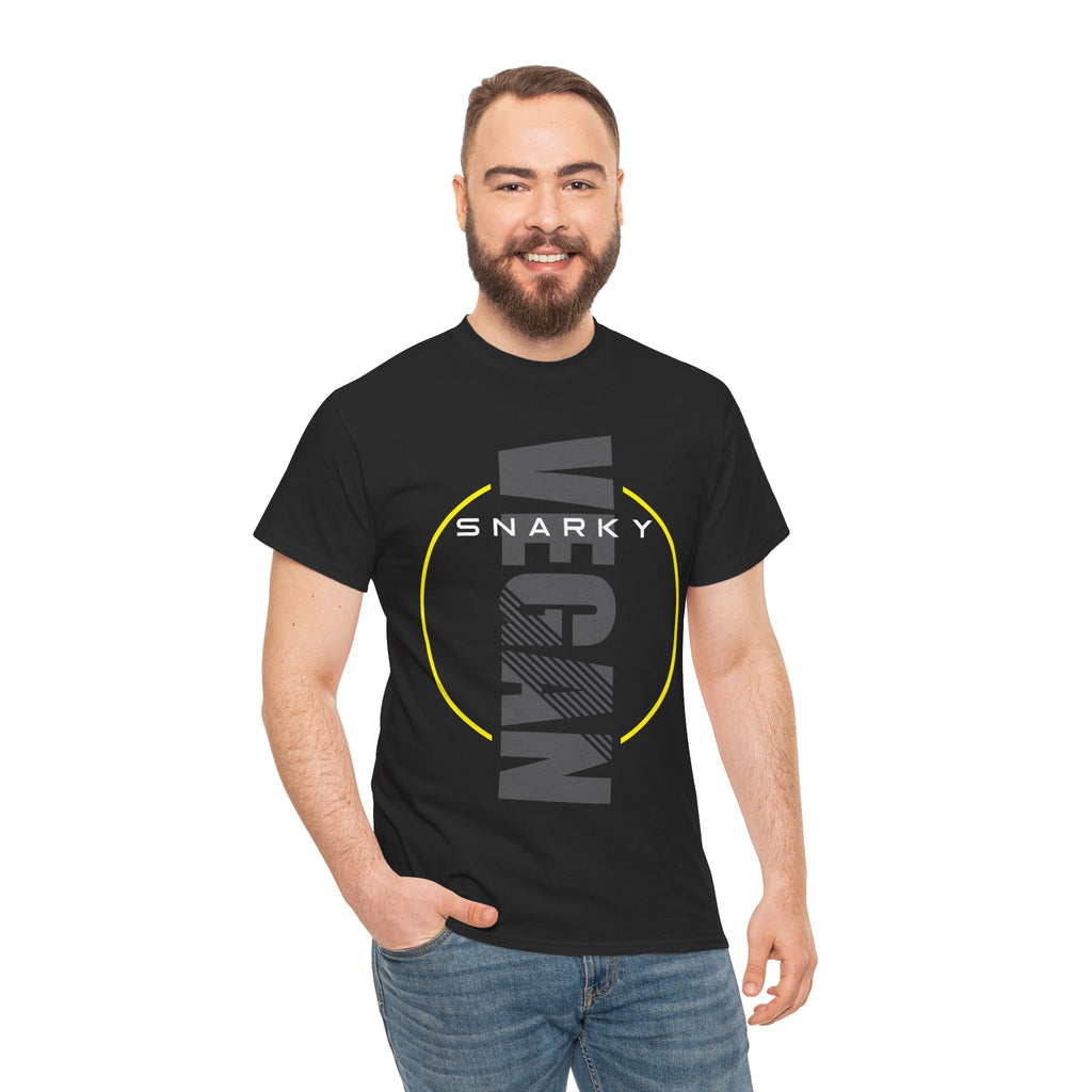 Snarky Vegan Vertical Text Tee – Modern, Yellow Circle