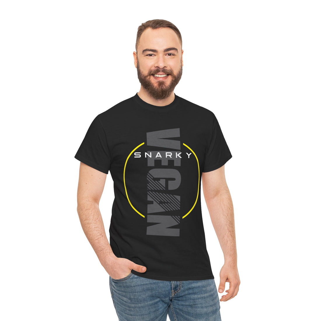 Snarky Vegan Vertical Text Tee – Modern, Yellow Circle