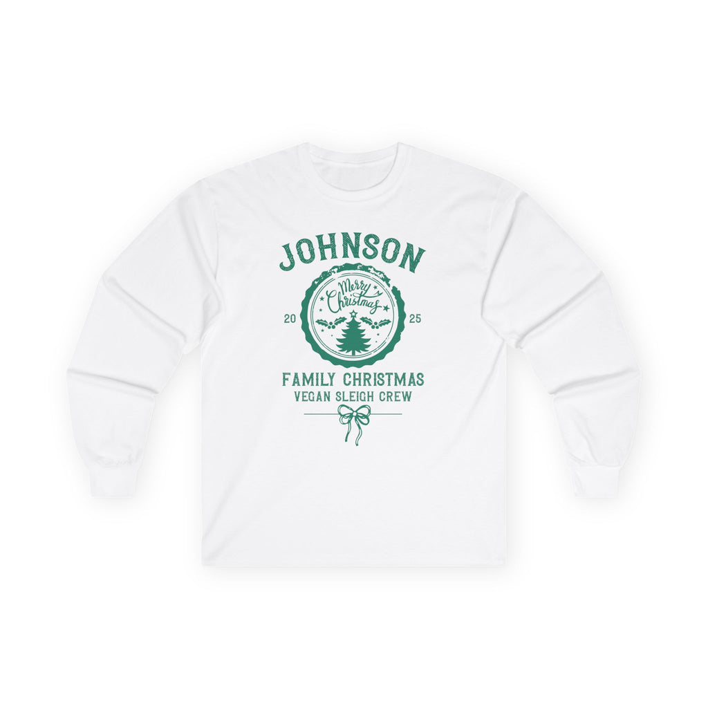 Personalized 'Johnson Family Christmas Vegan Sleigh Crew' Long Sleeve Tee — Vintage Tree Holiday Shirt