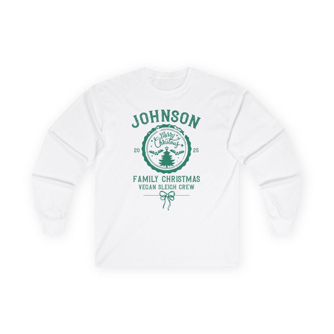 Personalized 'Johnson Family Christmas Vegan Sleigh Crew' Long Sleeve Tee — Vintage Tree Holiday Shirt