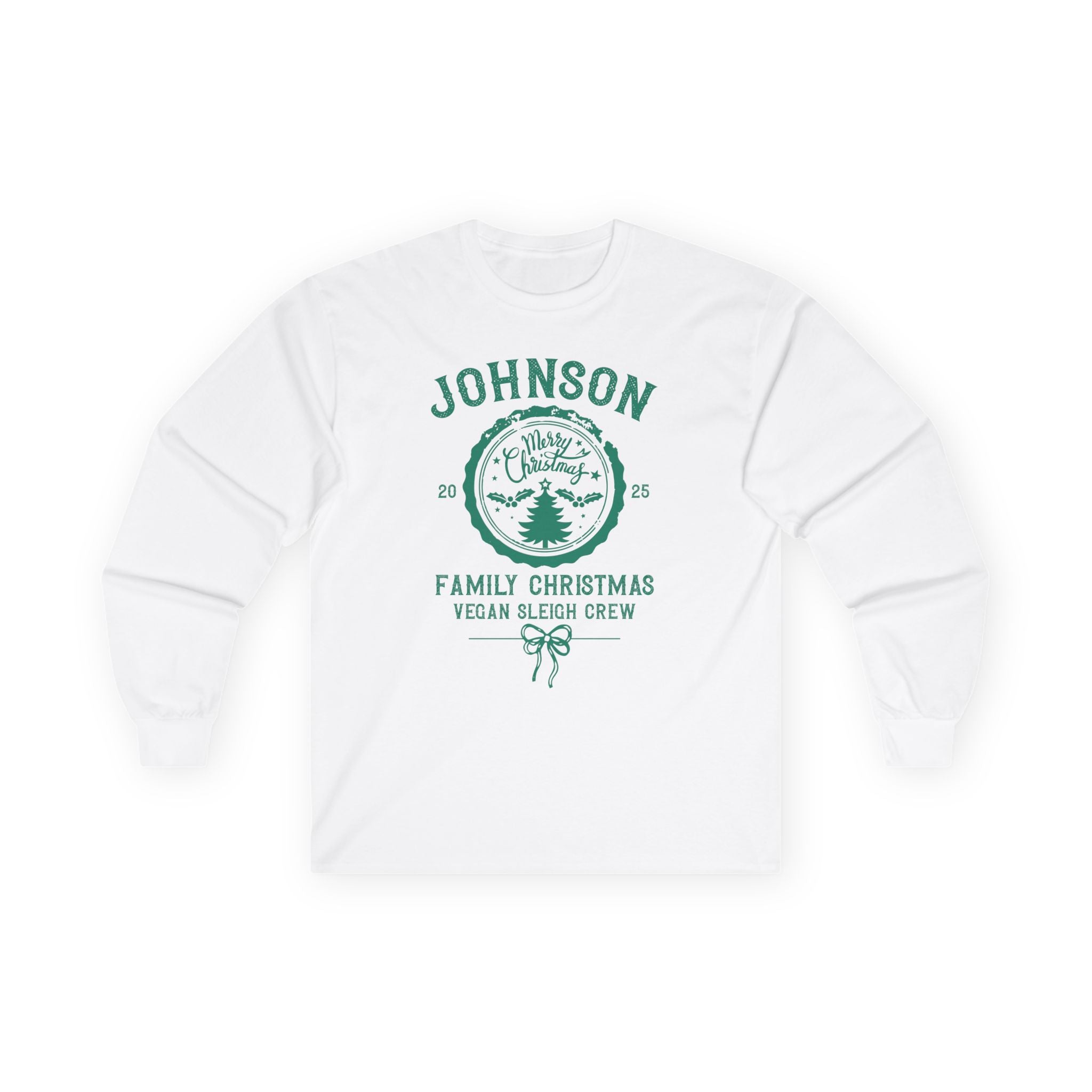 Personalized 'Johnson Family Christmas Vegan Sleigh Crew' Long Sleeve Tee — Vintage Tree Holiday Shirt