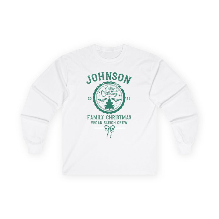 Personalized 'Johnson Family Christmas Vegan Sleigh Crew' Long Sleeve Tee — Vintage Tree Holiday Shirt
